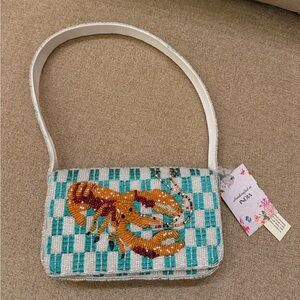 NWT Crawfish Shrimp Ocean Coastal Checkered Beaded Shoulder Bag Made in India